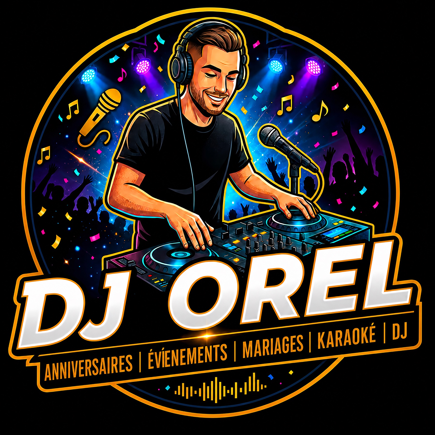 Logo DJ Orel avec DJ, platines, projecteurs et piste de danse